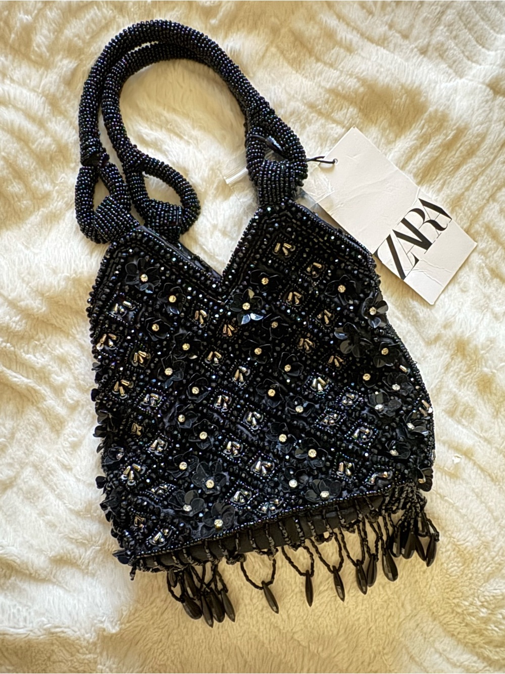 Zara Black Beaded Mini Bag with Fringe